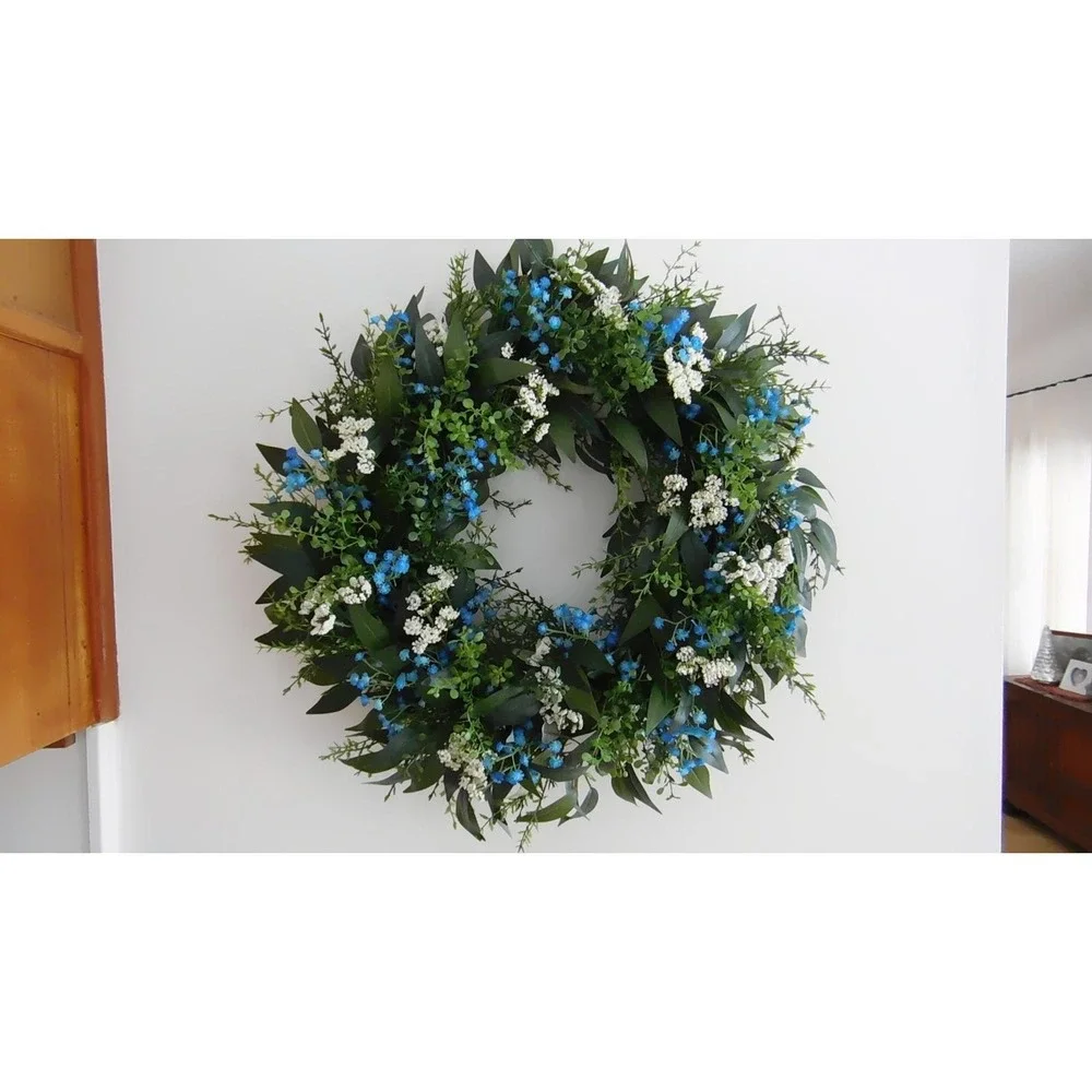 Artificial Year Round Greenery Wreath Blue and White‎ Flowers Housewarming Gift